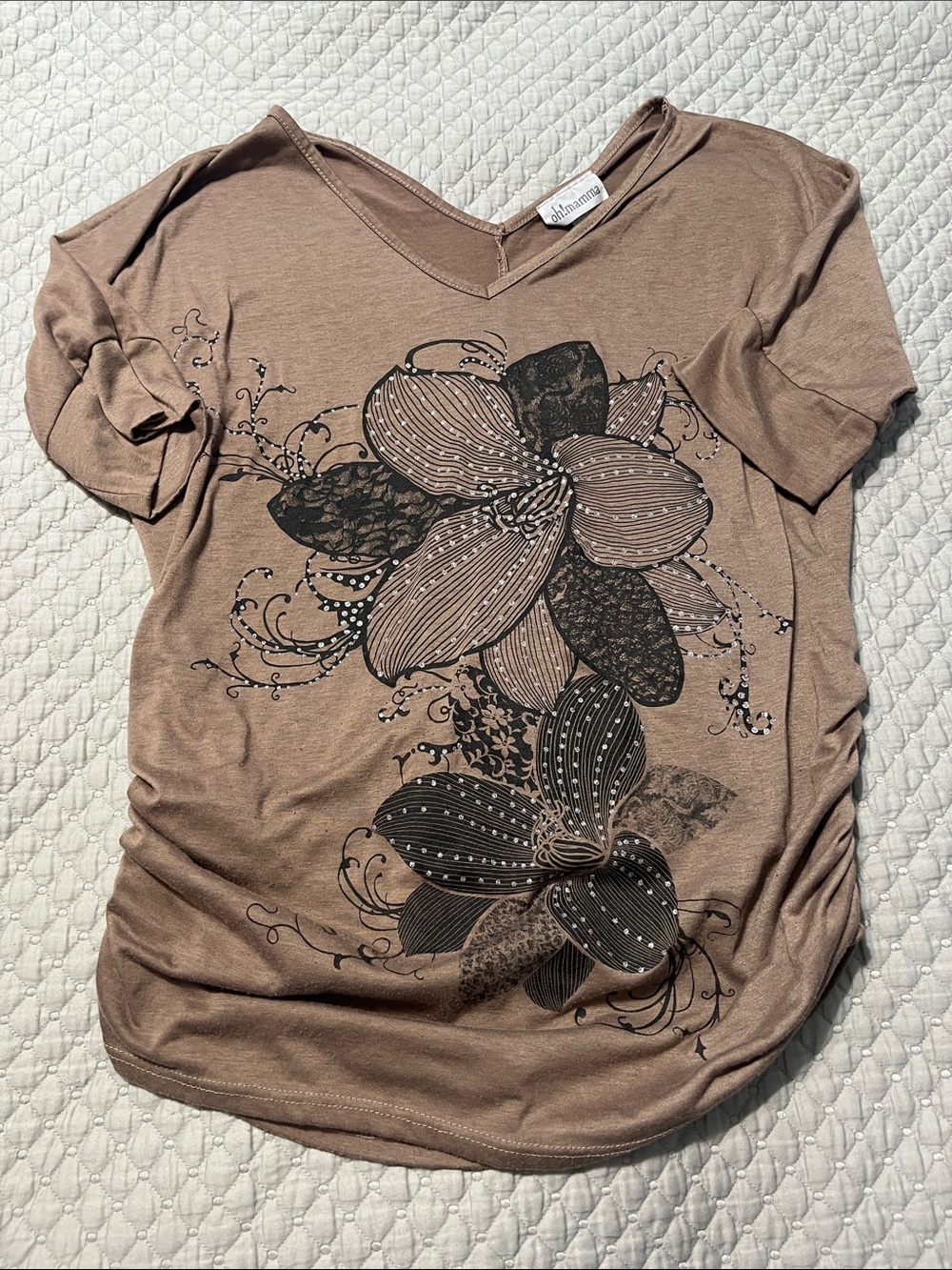 Oh! Mamma Taupe Floral V-Neck Short Sleeve Top